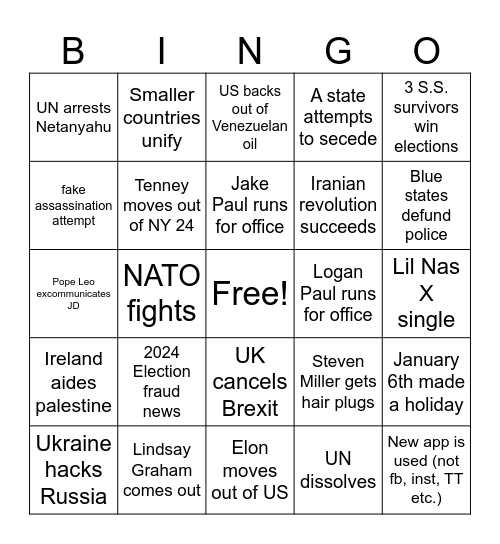 2026 Predictions Bingo Card