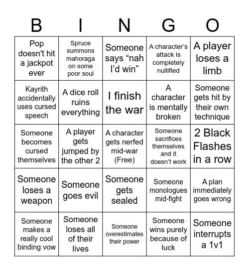JJK WAR BINGO WOO Bingo Card