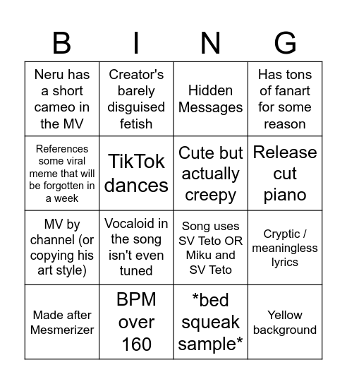 Slop bingo Card