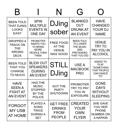 DJ BINGO Card