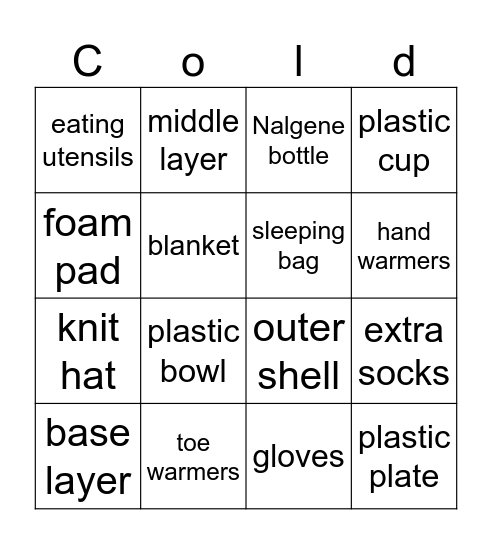 Cold Weather Bingo Card