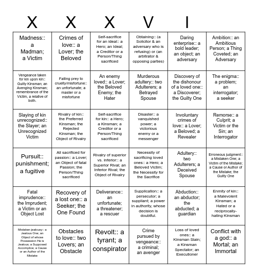 The Thirty-Six Dramatic Situations Bingo Card