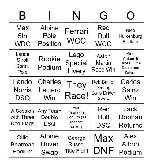 Formula 1 2026 Bingo Card