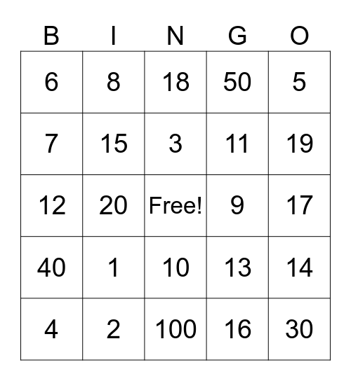 ASL NUMBER BINGO Card