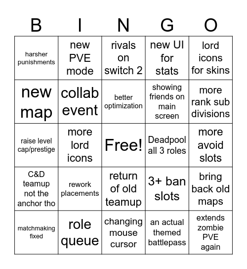 season 6 dev vision BINGO Card