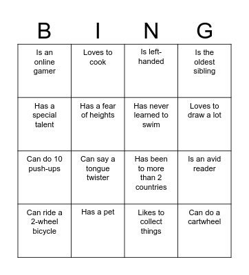 Find Your Classmate! Bingo Card