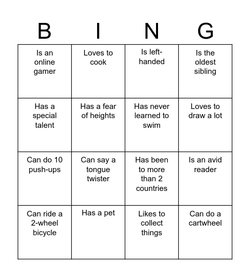 Find Your Classmate! Bingo Card