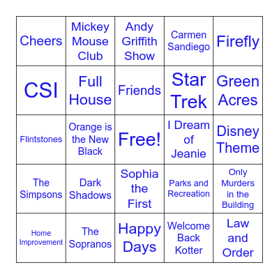 Zahnadu TV Theme Bingo Card