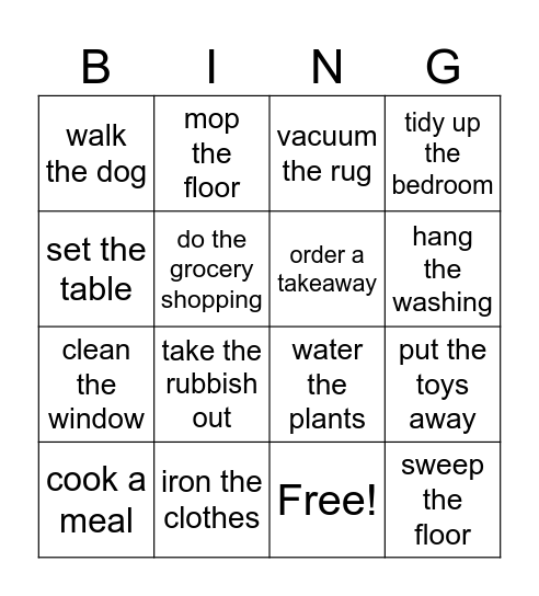 Housework Bingo Card