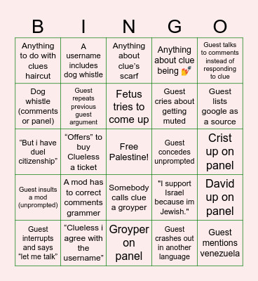 Clues live (Clue) Bingo Card