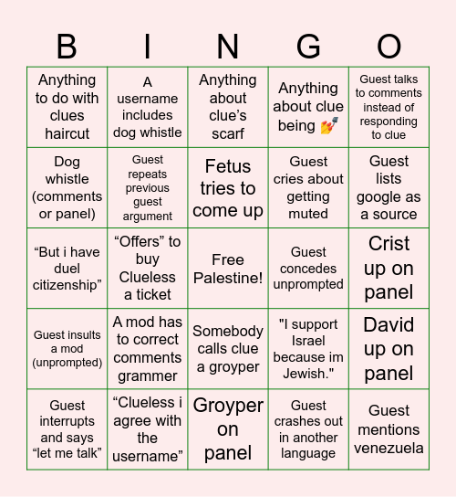 Clues live (Clue) Bingo Card