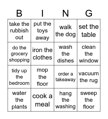 Housework Bingo Card