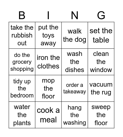 Housework Bingo Card