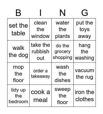 Housework Bingo Card
