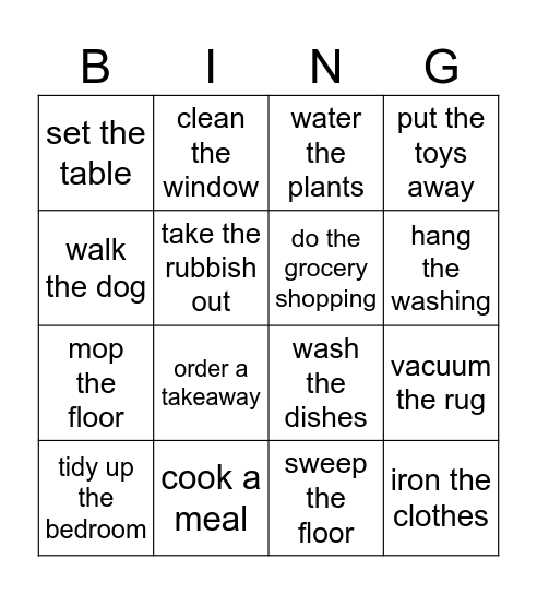 Housework Bingo Card