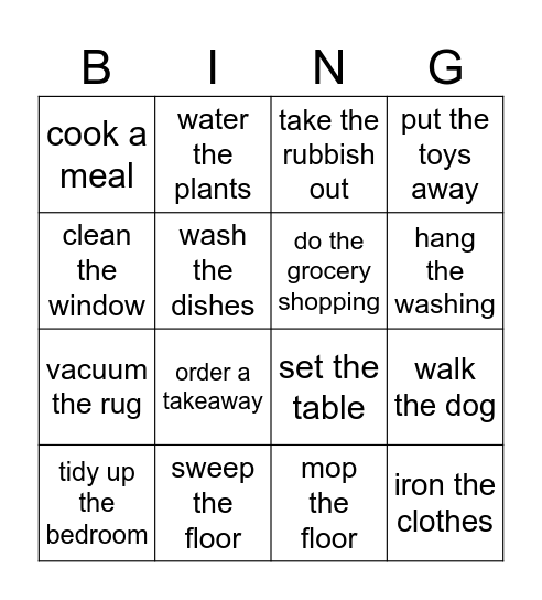 Housework Bingo Card