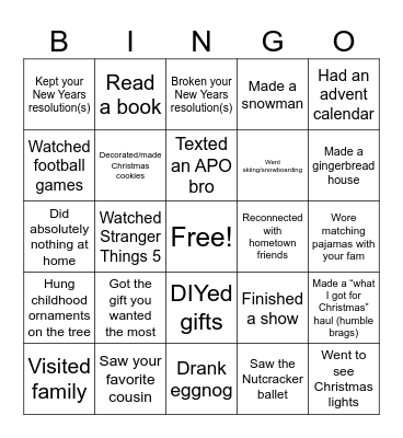 APO Winter Break Bingo! Bingo Card