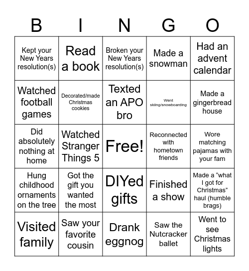 APO Winter Break Bingo! Bingo Card