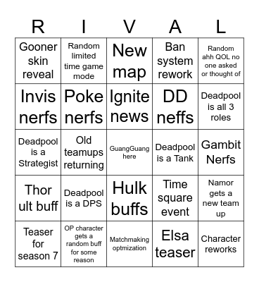 Marvel Rivals Season 6 Prediction Bingo Card