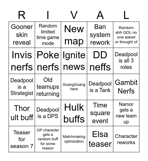 Marvel Rivals Season 6 Prediction Bingo Card