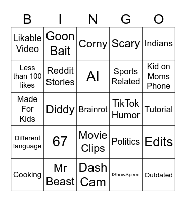 YouTube Shorts Bingo Card