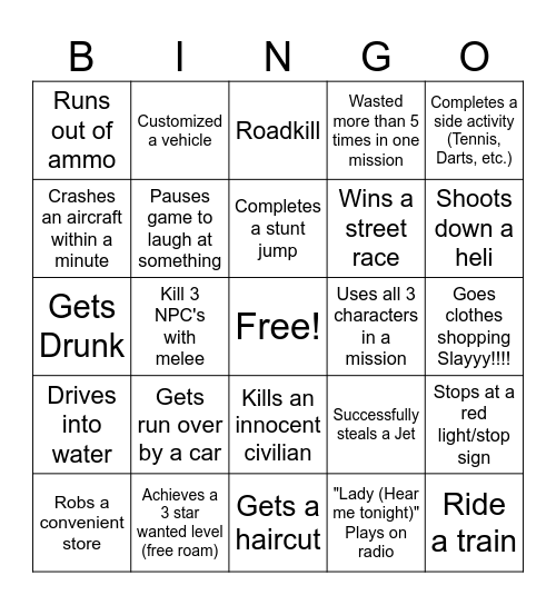 Jules GTA Bingo Card