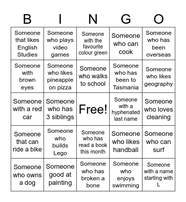 School Ice-breaker Bingo Card