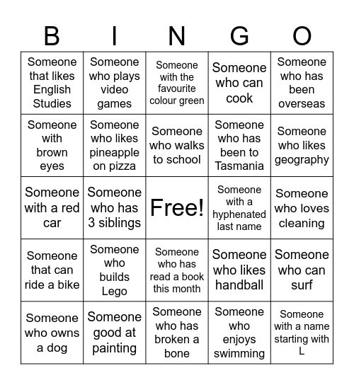 School Ice-breaker Bingo Card