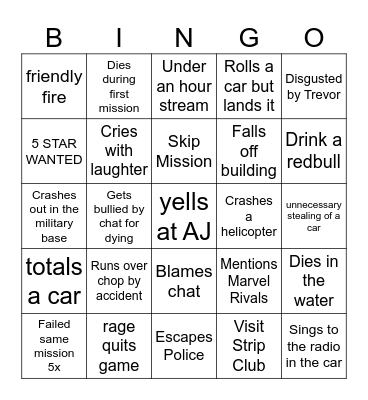 JULES GTA BINGO Card