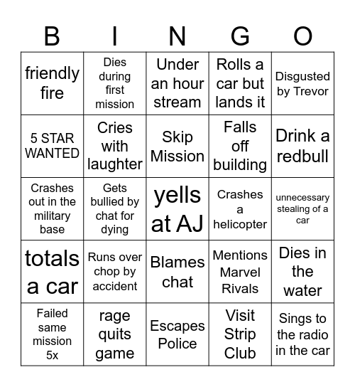 JULES GTA BINGO Card