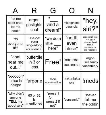 Argon Stream Bingo Card