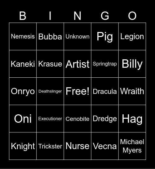 DBD Killer Bingo Card