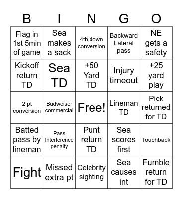 Super Bowl Bingo Card