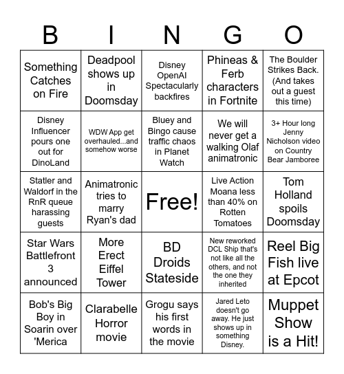 2026 Disney Bingo Card