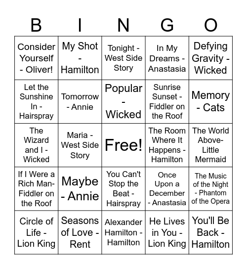 Broadway Music Bingo Card