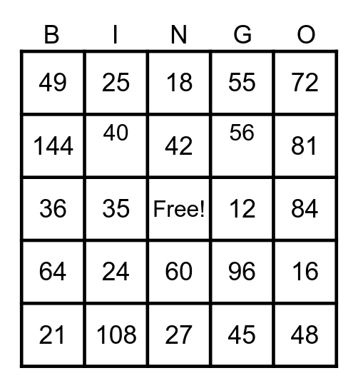 Multiplication Math Bingo Card
