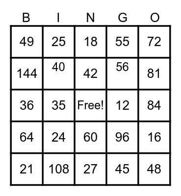 Multiplication Math Bingo Card