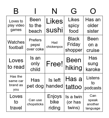 Get to Know You Bingo Card