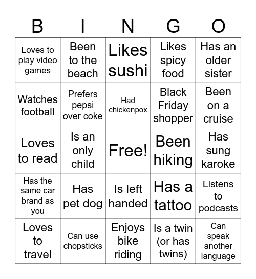 Get to Know You Bingo Card