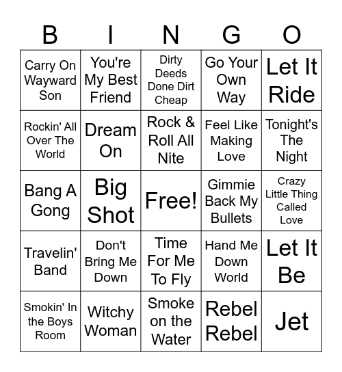 70's Rock Bingo Card