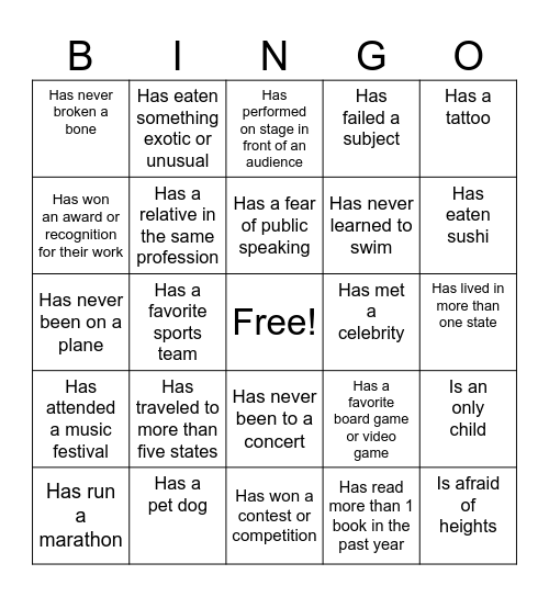 Getting to know each other Bingo Card