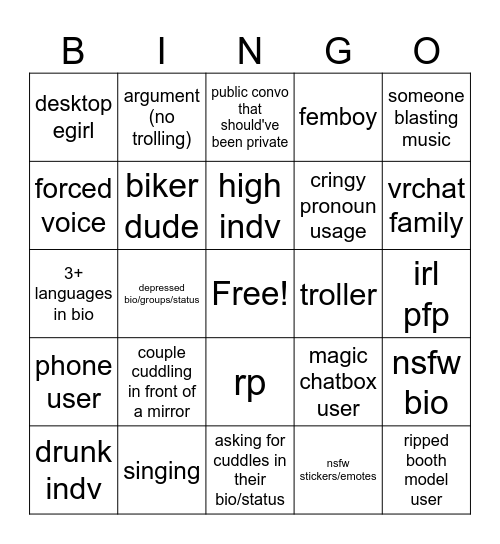 VrChat Bingo 2.0 Bingo Card