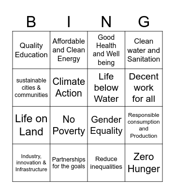 Sustainable Development Goals UN Bingo Card