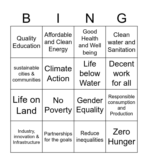 Sustainable Development Goals UN Bingo Card