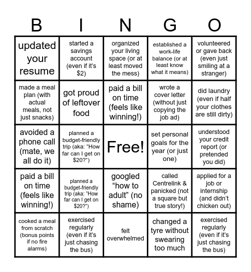 Adulting 101 Bingo Card