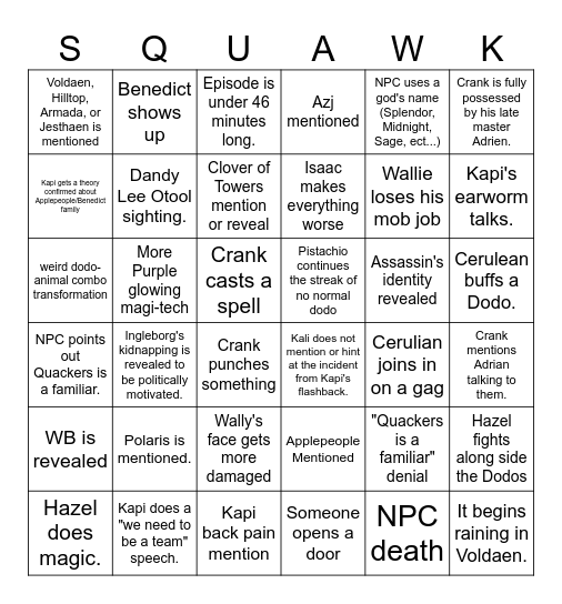 Episode 1.14: A Door Is Opened Bingo Card