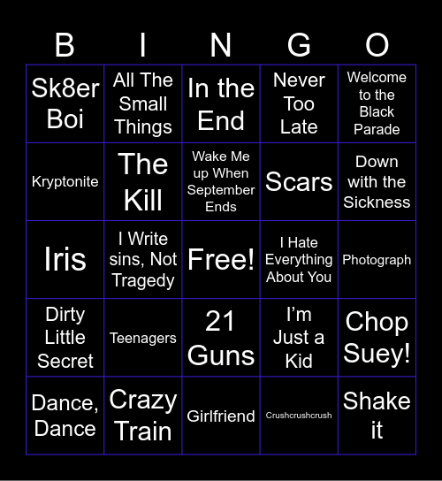 EMO NITE Bingo Card