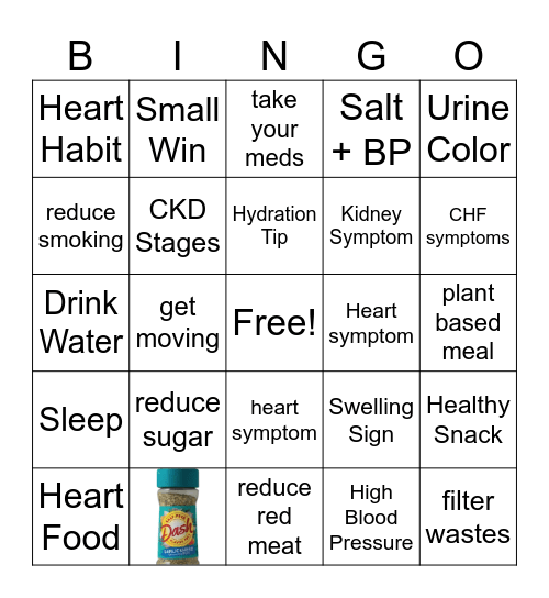 Heart and Kidney Health Bingo Card
