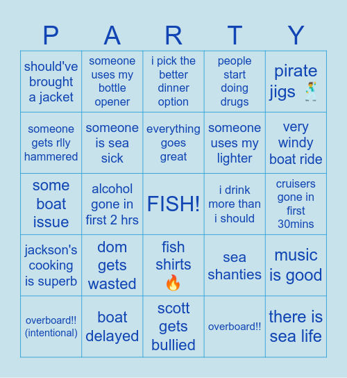 Boat Party Bingo Card