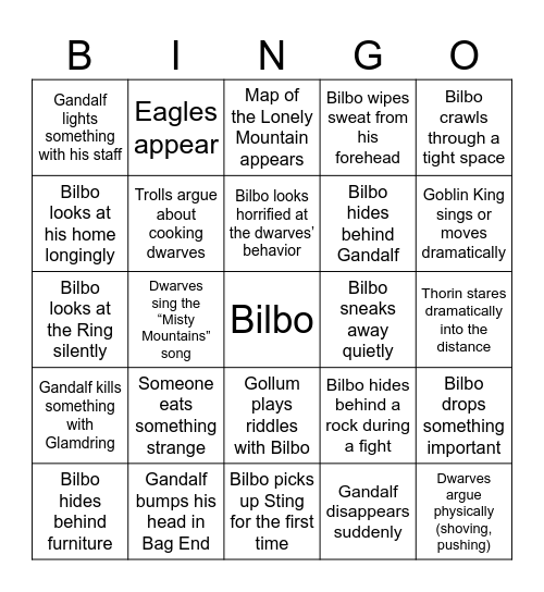 The Hobbit: An Unexpected Journey Bingo Card